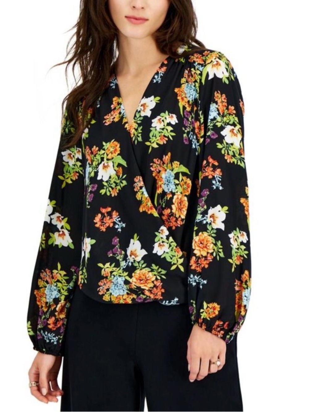INC NWT International Concepts Large Floral Print Long Sleeve Blouse